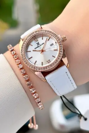 Kasası Rose Kordonu Beyaz Renk 30 Mm Kadın Kol Saati ve Bileklik