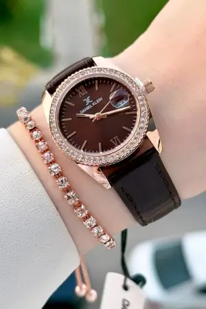 Kasası Rose Kordonu Kahverengi Renk 30 Mm Kadın Kol Saati ve Bileklik