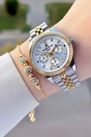 Gold Gümüş Renk Kadın Kol Saati ve Bileklik