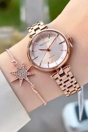 Rose Renk 35 Mm Kadın Kol Saati ve Bileklik