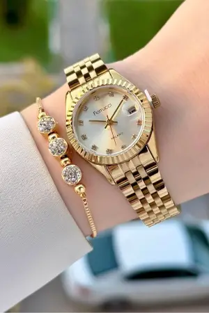 Gold Renk Takvimli 25 Mm Kadın Kol Saati ve Bileklik