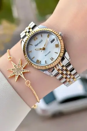 Gold Gümüş Renk Takvimli 35 Mm Kadın Kol Saati ve Bileklik