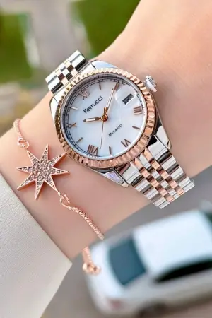 Rose Gümüş Renk Takvimli 35 Mm Kadın Kol Saati Ve Bileklik