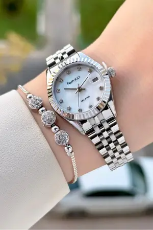 Gümüş Renk Takvimli 25 Mm Kadın Kol Saati ve Bileklik