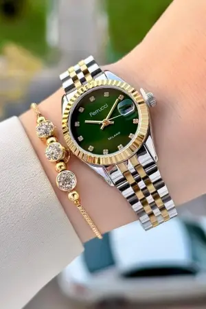 Kadranı Yeşil Kordonu Gold Gümüş Renk Takvimli 25 Mm Kadın Kol Saati ve Bileklik
