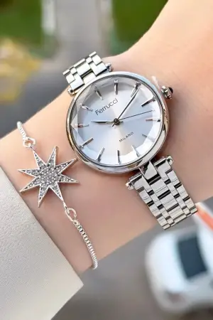 Gümüş Renk 35 Mm Kadın Kol Saati ve Bileklik