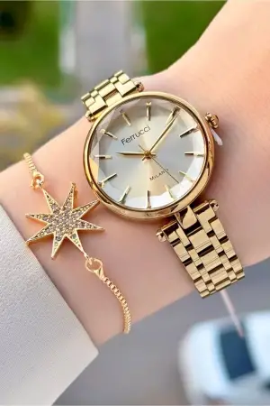 Gold Renk 35 Mm Kadın Kol Saati ve Bileklik