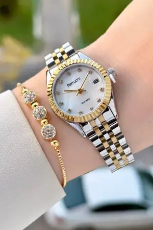 Gold Gümüş Renk Takvimli 25 Mm Kadın Kol Saati ve Bileklik