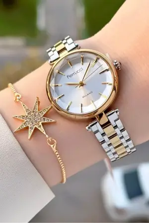 Gold Gümüş Renk 35 Mm Kadın Kol Saati ve Bileklik