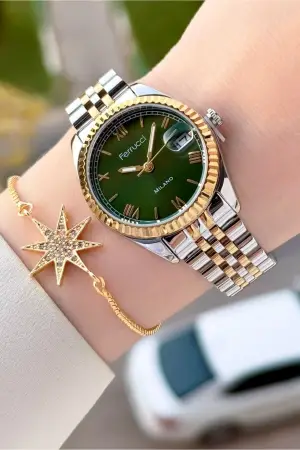 Kadranı Yeşil Kordonu Gold Gümüş Renk Takvimli 35 Mm Kadın Kol Saati ve Bileklik