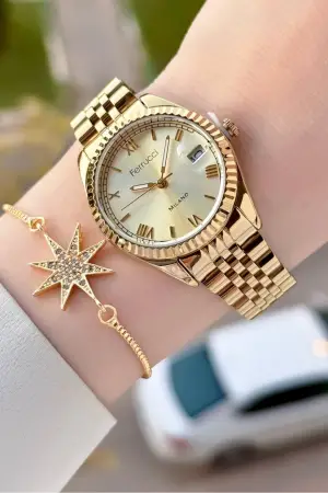 Gold Renk Takvimli 35 Mm Kadın Kol Saati ve Bileklik