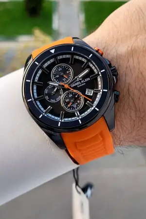 45 Mm Kasası Siyah Kordonu Turuncu Renk İç Göstergeleri Aktif Erkek Kol Saati