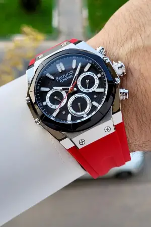 41 Mm Kasası Gümüş Kordonu Kırmızı Renk İç Göstergeleri Aktif Erkek Kol Saati