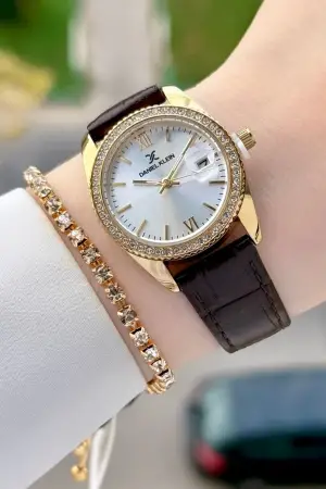 Kasası Gold Kordonu Kahverengi Renk 30 Mm Kadın Kol Saati ve Bileklik