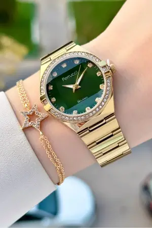 Kadranı Yeşil Kordonu Gold Renk 32 Mm Kadın Kol Saati ve Bileklik