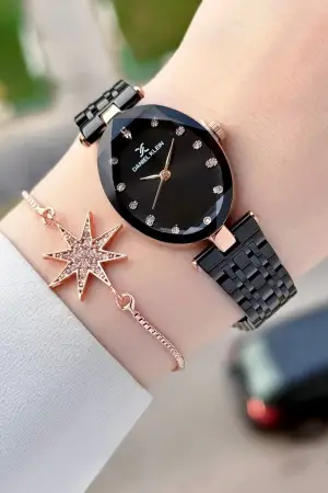 Kasası Rose Kordonu Siyah Renk Kadın Kol Saati ve Bileklik