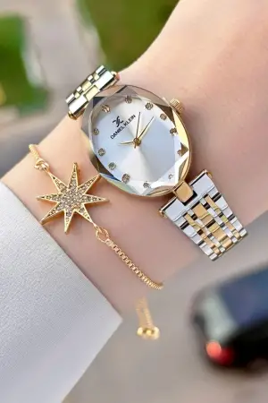 Gold Gümüş Renk Kadın Kol Saati ve Bileklik