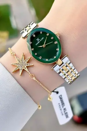Kadranı Yeşil Kordonu Gold Gümüş Renk Kadın Kol Saati ve Bileklik