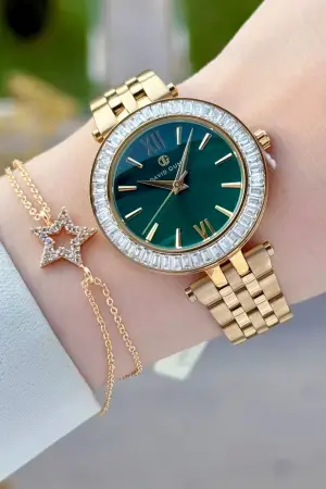 Kadranı Yeşil Kordonu Gold Renk 34 Mm Kadın Kol Saati ve Bileklik