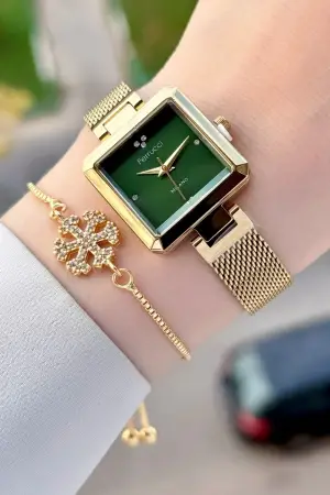 Kadranı Yeşil Kordonu Gold Renk Kadın Kol Saati ve Bileklik