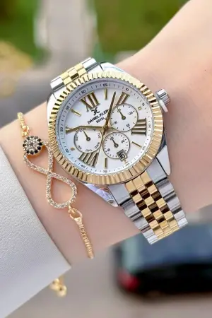 Gold Gümüş Renk 34 Mm Kadın Kol Saati ve Bileklik