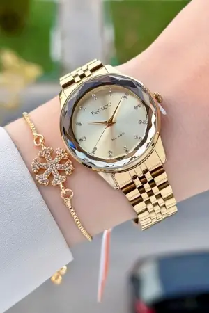 Gold Renk 33 Mm Kadın Kol Saati ve Bileklik