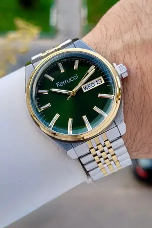 Kadranı Yeşil Kordonu Gold Gümüş Renk 40 Mm Erkek Kol Saati