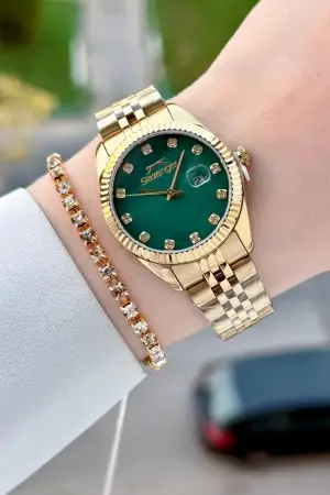 Kadranı Yeşil Kordonu Gold Renk 32 Mm Takvimli Kadın Kol Saati ve Bileklik