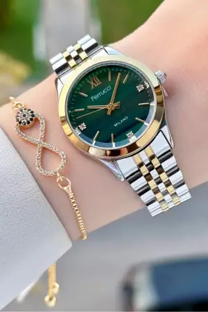Kadranı Yeşil Kordonu Gold Gümüş Renk 32 Mm Kadın Kol Saati ve Bileklik
