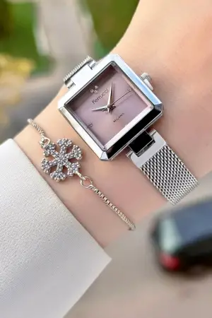 Kadranı Pembe Kordonu Gümüş Renk Kadın Kol Saati ve Bileklik