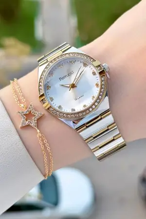 Gold Gümüş Renk 32 Mm Kadın Kol Saati ve Bileklik