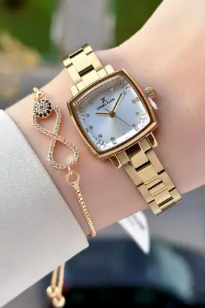 Gold Renk Kadın Kol Saati Ve Bileklik