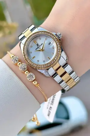 Gold Gümüş Renk 30 Mm Kadın Kol Saati ve Bileklik