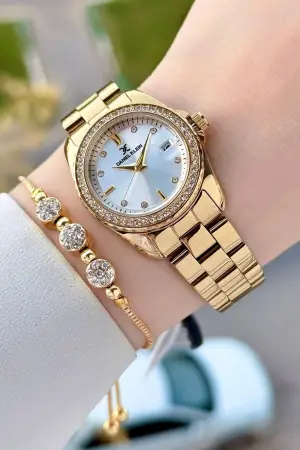 Gold Renk 30 Mm Kadın Kol Saati ve Bileklik