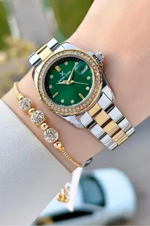 Kadranı Yeşil Kordonu Gold Gümüş Renk 30 Mm Kadın Kol Saati ve Bileklik