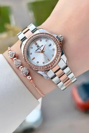 Rose Gümüş Renk 30 Mm Kadın Kol Saati ve Bileklik
