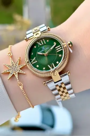 Kadranı Yeşil Kordonu Gold Gümüş Renk 32 Mm Kadın Kol Saati ve Bileklik
