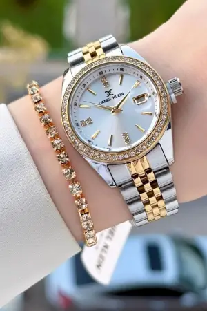 Gold Gümüş Renk 32,5 Mm Kadın Kol Saati ve Bileklik