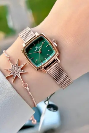 Kadranı Yeşil Kordonu Rose Renk Hediye Paketli Kadın Kol Saati ve Bileklik