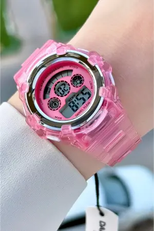 Pembe Renk Işıklı, Alarmlı, Kronometreli Hediye Paketli Kız Çocuk Kol Saati (5-18 Yaş)