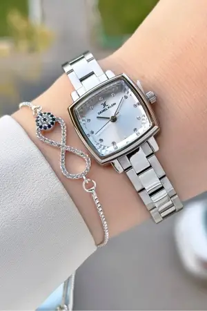 Gümüş Renk Kadın Kol Saati Ve Bileklik