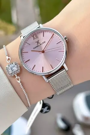 Kadranı Pembe Kordonu Gümüş Renk Kadın Kol Saati ve Bileklik