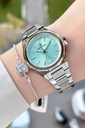 Kadranı Su Yeşili Kordonu Gümüş Renk 33 Mm Kadın Kol Saati ve Bileklik