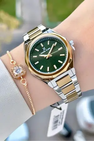 Kadranı Yeşil Kordonu Gold Gümüş Renk 33 Mm Kadın Kol Saati ve Bileklik