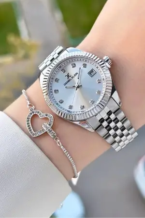 Gümüş Renk 34 Mm Hediye Paketli Kadın Kol Saati ve Bileklik