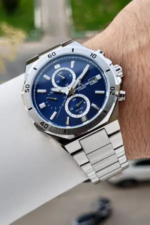 Kadranı Lacivert Kordonu Gümüş Renk 42 Mm İç Göstergeleri Aktif Erkek Kol Saati