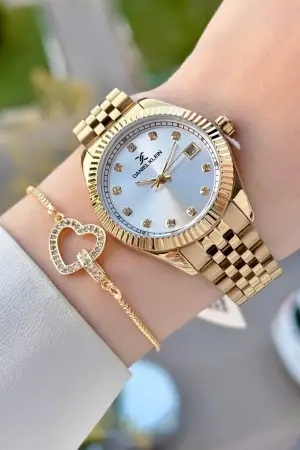 Gold Renk 34 Mm Hediye Paketli Kadın Kol Saati ve Bileklik