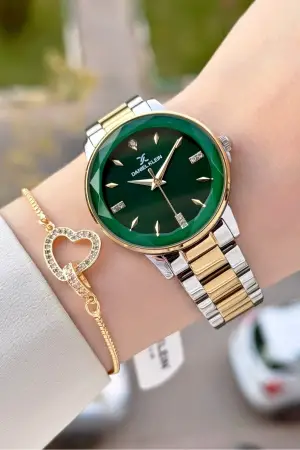 Kadranı Yeşil Kordonu Gold Gümüş Renk 34 Mm Kadın Kol Saati ve Bileklik