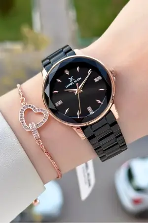 Kasası Rose Kordonu Siyah Renk 34 Mm Kadın Kol Saati ve Bileklik
