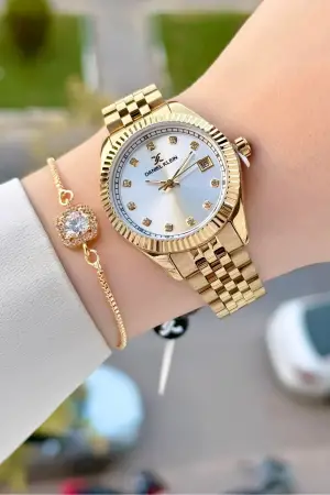 Gold Renk 34 Mm Hediye Paketli Kadın Kol Saati ve Hediye Baget Bileklik